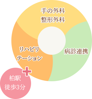 柏Handクリニックは、手の整形外科専門クリニックとして、外科領域の診療、手術、リハビリテーション、病診連携を行い患者様の痛みやお悩みの改善に努めています。